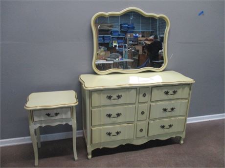 White and Gold Trimmed Double Wood Dresser, Mirror and End Table