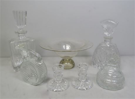 Glass Lot - 3 Decanters Bubble Glass Bowl Candlesticks Powder Jar - 7 pieces