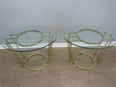 Pair of Matching Oval Glass Tables with Gold Metal Base