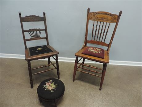 Pair of Antique Solid Wood Embroidered Chairs / Footstool