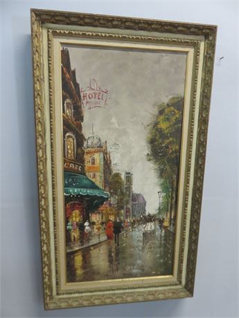 Mid-Century Paris Street Scene Canvas Oil Painting by Pierre
