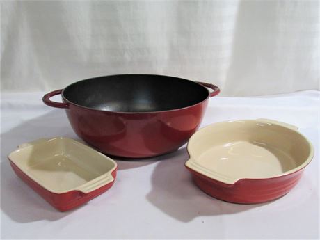 3 Piece Cookware Lot - Staub Cast Iron/Enamel Pot & 2 Le Creuset Baking Dishes