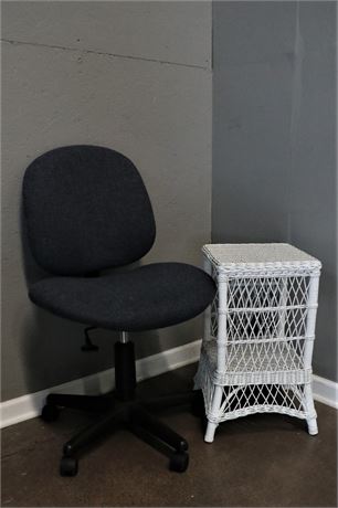 Swivel, Rolling, Cloth Office Chair and Wicker Side table in white