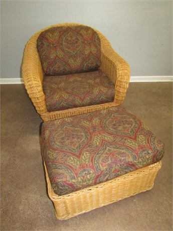 Large Wicker Chair and Foot Stool Combo Set, Neutral with Colorful Cushions