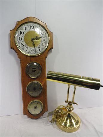 HAROLD STABB Oak Wall Clock/Barometer / Brass Bankers Lamp
