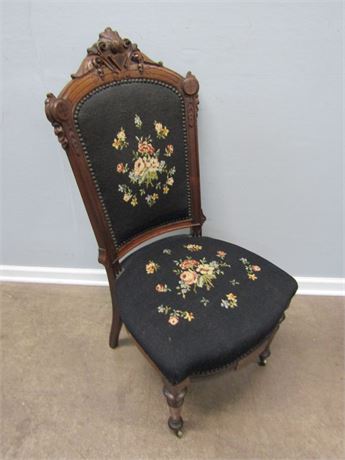 Antique Ornate Wood Carved Chair, Nail Head with Floral Embroidery