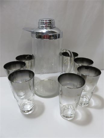 Mid-Century Atomic Starburst Glass Cocktail Pitcher & Glasses