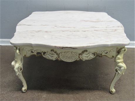 Vintage French Provincial Coffee Table with Cherub Cabriole Legs and Marble Top