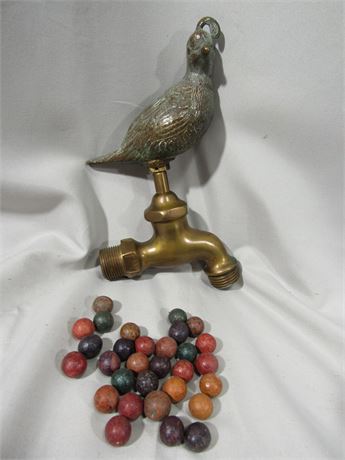 Antique Clay Marbles and Bird Brass Handle Spigot