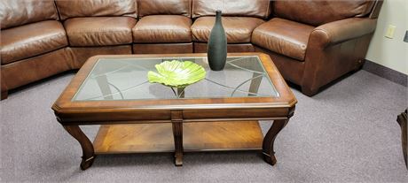 Beveled Glass Top Wood Coffee Table