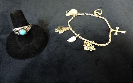 14 Kt Gold Charm Bracelet & Sterling Silver Turquoise Ring