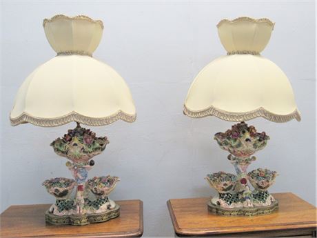 2 Vintage Porcelain Capodimonte Floral Lamps