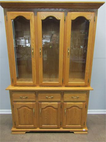 Solid Wood lighted China Hutch with Three Swing Doors and Bottom Storage