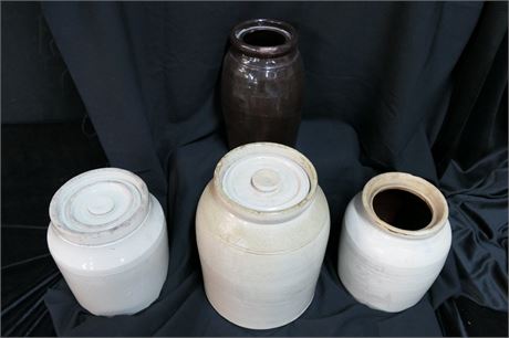 4 Vintage Stone Pickling Jars