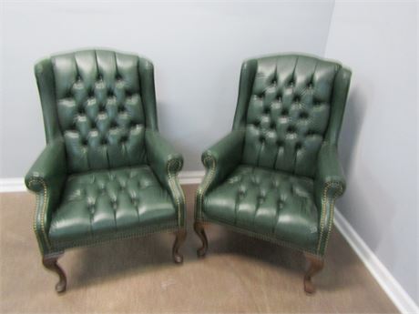 Green Classic Leather Wingback Chairs,