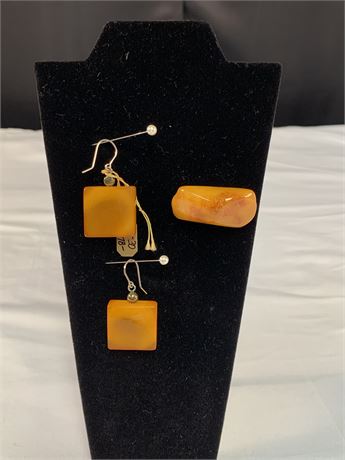 AMBER Brooch and  Pierced  Cubed Earrings