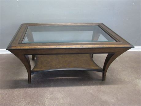 Coffee Table with Burl Wood Finish and Inset Beveled Glass Top