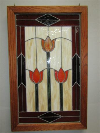 Hanging Stained Glass Window with Floral Design and Wood Frame