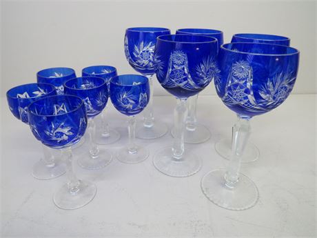 Cobalt Blue Cut To Clear Crystal Wine Goblet/Cordial Set