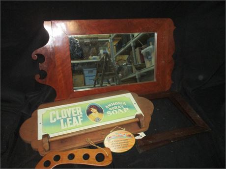 Early Advertising and Wood Lot with Vintage Mirror