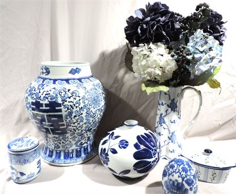 Vintage Cobalt Blue Ceramic Vase / Faux Flowers / Egg / Ginger Jar
