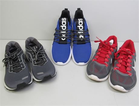3 Pair of Sneakers - Adidas, Nike and Brooks - Size 9-9.5