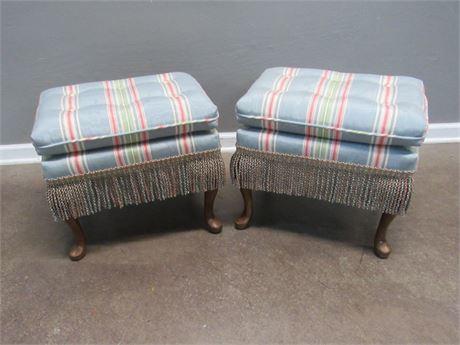 2 Vintage Cabriole Leg Foot Stools with Striped Upholstery and Fringe