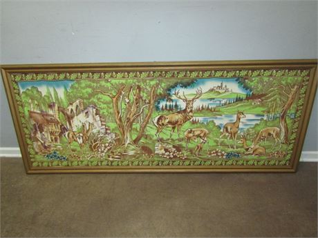 Large Cloth Wall Art on Simple Pinned Frame, Deer, Bucks in Forest Scene