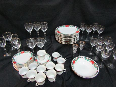 Tienshan Poinsettia Holiday China Dinnerware Set with Glassware