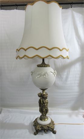 Large Vintage Ornate Porcelain and Antiqued Brass Finished Lamp