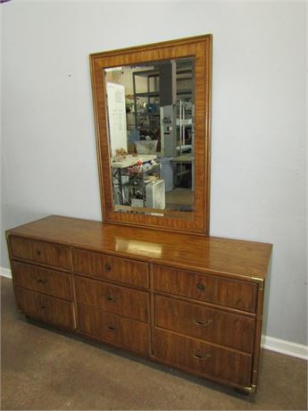 Vintage Drexel Accolade Nine-Drawer Campaign Dresser and Mirror