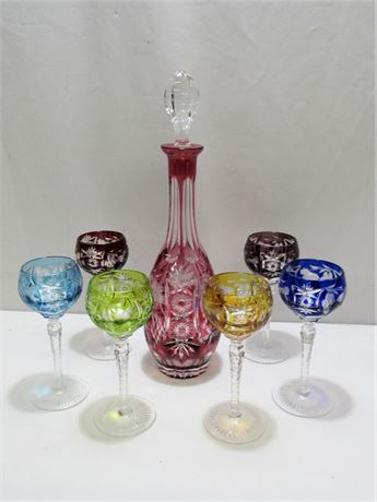 7 Piece Multi-colored Decanter Set - Cut to Clear