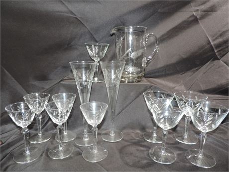 Clear Etched Glass Pitcher / Glasses