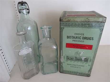 Vintage Parke Davis Botanic Drugs Tin / Pharmaceutical Bottles