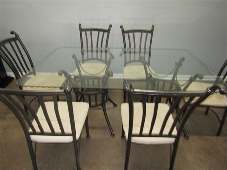 Contemporary Antiqued Metal Base Dining Set with Fringed Glass Top and 6 Chairs