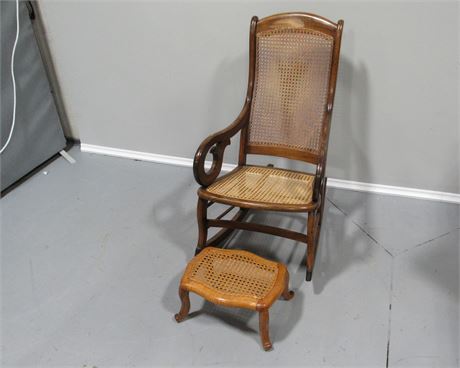 Vintage Lincoln Style Cane Rocking Chair with Foot Stool