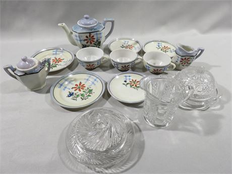 Vintage Japanese Miniature Tea Set & Pressed Glass