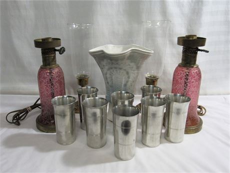 Misc. 13 Piece Lot - Cranberry Etched Lamps, Pewter Tumblers & a Vase
