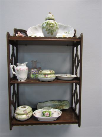 Wooden Display Rack with Marked and Stamped Dishes, Bowls and Vases