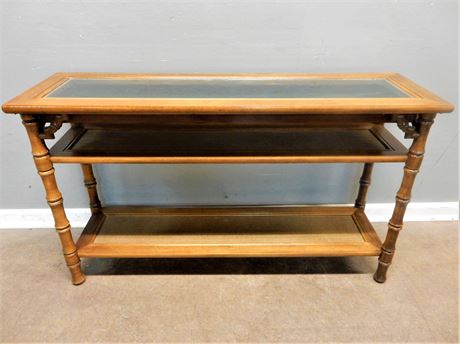 Wood Console Table / Display /  Glass Top / Cane Style Shelves