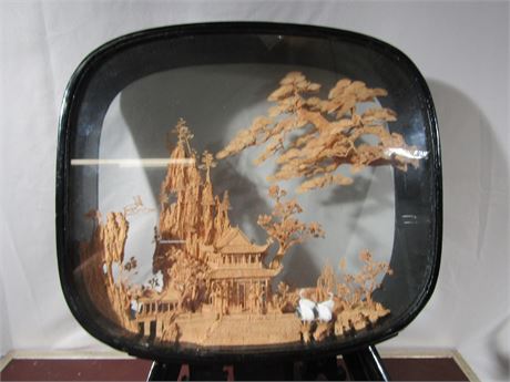 Vintage Chinese Cork Pagoda Diorama, 3D with Black Wood Frame