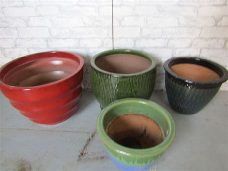 3 Ceramic Garden Pots, and Red Plastic Pot