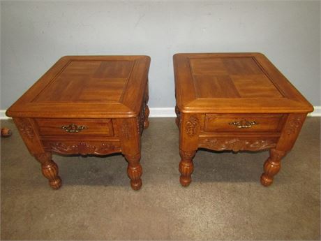 Set of Twin Handcrafted Wood Night Stands, with Drawer