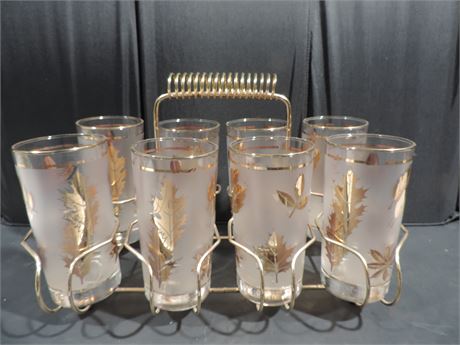 Vintage LIBBEY Golden Foliage Frosted Glass / Caddy Set /1960's