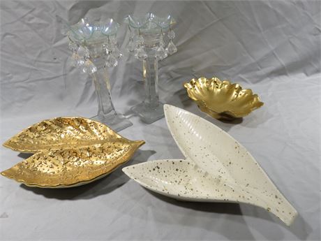 Gold Plated Leaf Bowls / Glass Candlestick Holders