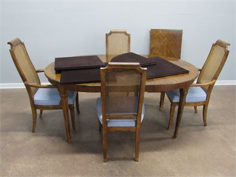 Dining Table with 2 Leaves, Pads and 4 Cane-back Chairs