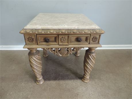 Ornately Carved / Side Table / Bisque Finish / Marble Top