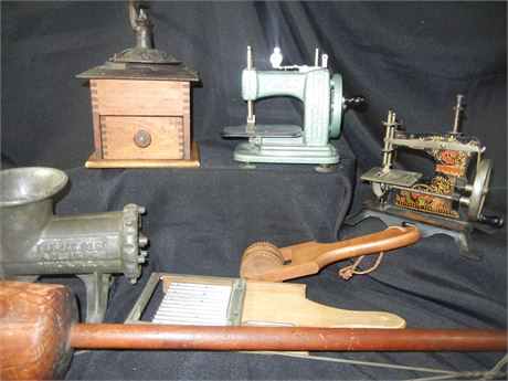 Primitive Coffee Grinder, Antique Miniature Sewing Machines, and More
