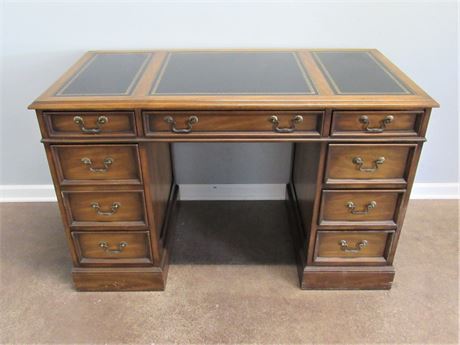 Vintage Sligh Lowry Kneehole Desk with Black Leather Gold Tooled Top
