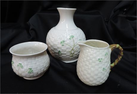 Fine BELLEEK Porcelain Vase / Cream / Sugar Bowl